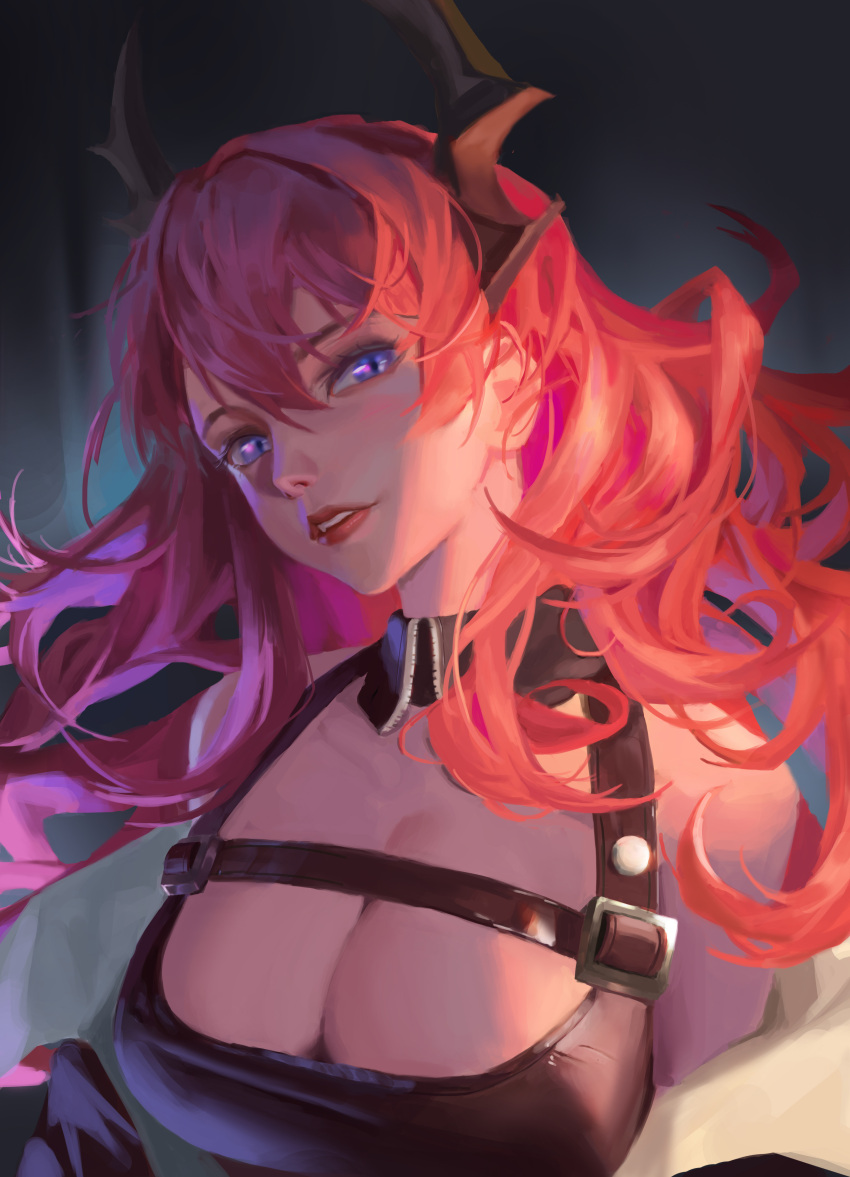 1girl absurdres arknights artist_request breasts choker highres horns long_hair looking_at_viewer redhead slit_pupils solo surtr_(arknights) violet_eyes