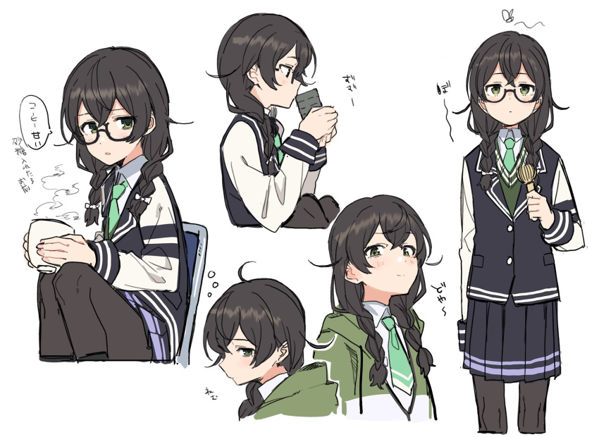 1girl black_hair black_legwear blazer blue_jacket blue_skirt braid bubble bug butterfly chair chasen commentary cropped_torso cup drinking expressionless from_side glasses green_eyes green_jacket green_neckwear green_sweater hanakuma_chifuyu highres holding holding_cup insect jacket light_blush looking_at_viewer medium_hair miniskirt multiple_views no_eyewear pantyhose pleated_skirt school_uniform semi-rimless_eyewear side_braids sitting skirt speech_bubble squinting steam sweater synthesizer_v teacup teshima_nari translated twin_braids white_background yunomi