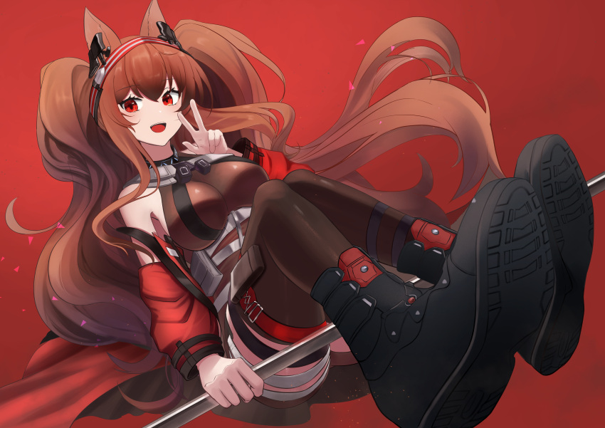 1girl :d absurdres angelina_(arknights) angelina_(distinguished_visitor)_(arknights) animal_ears ankle_strap arknights belt belt_pouch black_footwear black_gloves black_legwear black_shirt blush boots breasts brown_hair commentary_request earpiece floating fox_ears full_body gloves hair_between_eyes hairband highres hitsuji_no_rice holding holding_staff infection_monitor_(arknights) jacket long_hair looking_at_viewer medium_breasts official_alternate_costume open_clothes open_jacket open_mouth pouch red_background red_eyes red_jacket shirt shoe_soles simple_background smile solo staff strap teeth thigh-highs thigh_strap thighs twintails very_long_hair w