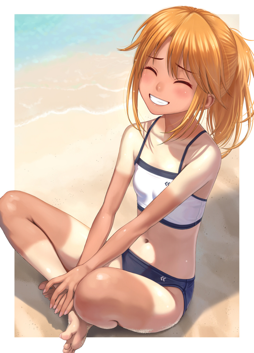 1girl :d ^_^ bangs bare_arms bare_legs bare_shoulders barefoot beach blonde_hair blue_buruma blush border breasts buruma character_request closed_eyes collarbone commentary_request copyright_request day eyebrows_visible_through_hair grin highres knees_up long_hair navel nekopuchi on_ground open_mouth outdoors outside_border own_hands_together ponytail sand sidelocks sitting small_breasts smile solo sports_bra sunlight tan tanline teeth water white_border