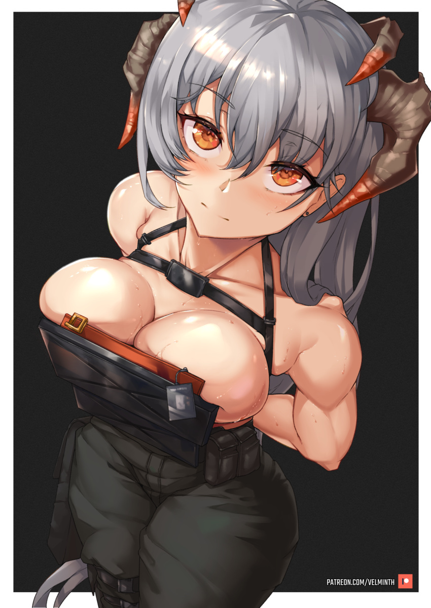 1girl arknights bare_shoulders black_background black_gloves black_pants blush border breasts bulletproof_vest closed_mouth collarbone cowboy_shot cuffs dragon_horns ear_piercing english_commentary eyebrows_visible_through_hair from_above gloves grey_hair hair_between_eyes hat hessra highres horns large_breasts long_hair looking_at_viewer muscular muscular_female no_shirt official_alternate_costume orange_eyes pants patreon_logo patreon_username peaked_cap piercing plate_carrier saria_(arknights) saria_(the_law)_(arknights) solo sweat very_long_hair white_border
