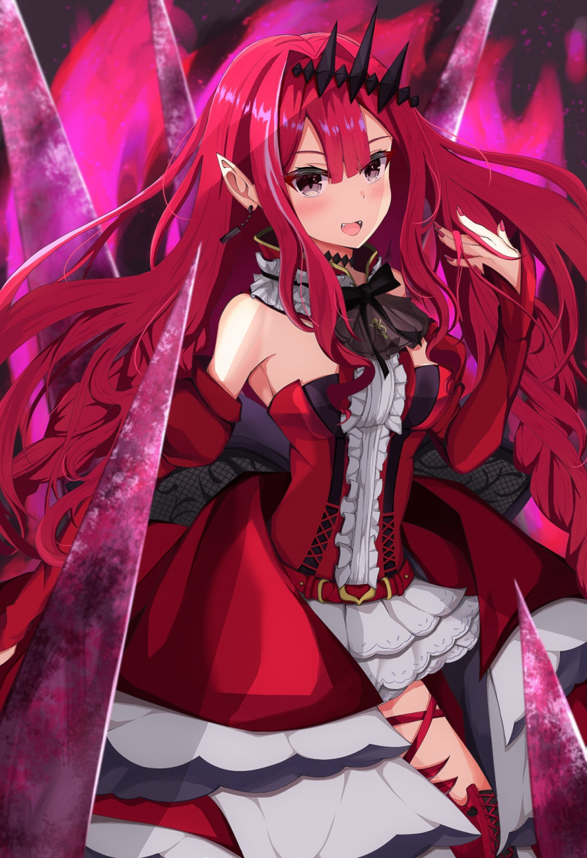 1girl :d belt cowboy_shot cravat detached_sleeves fate/grand_order fate_(series) fingernails frills grey_eyes grey_neckwear hair_intakes highres hiiro_monaka long_hair looking_at_viewer open_mouth pointy_ears red_belt red_legwear red_nails red_sleeves red_theme redhead skirt smile solo standing thigh-highs tristan_(fairy_knight)_(fate) white_skirt