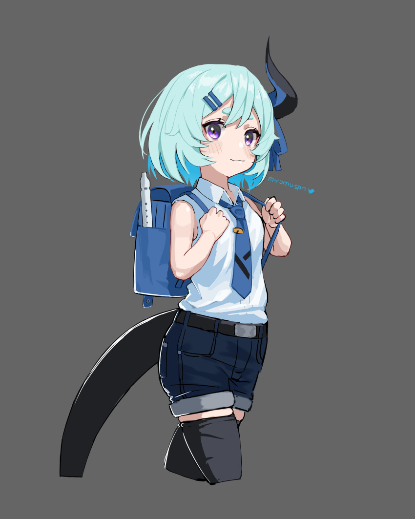 1girl :3 absurdres backpack bag bangs black_legwear blue_eyes blue_hair closed_mouth denim denim_shorts flute grey_background hair_between_eyes hair_ornament hairpin highres honkai_(series) honkai_impact_3rd horns instrument liliya_olenyeva looking_at_viewer myomu necktie short_hair shorts simple_background single_horn sleeveless solo tail thigh-highs younger