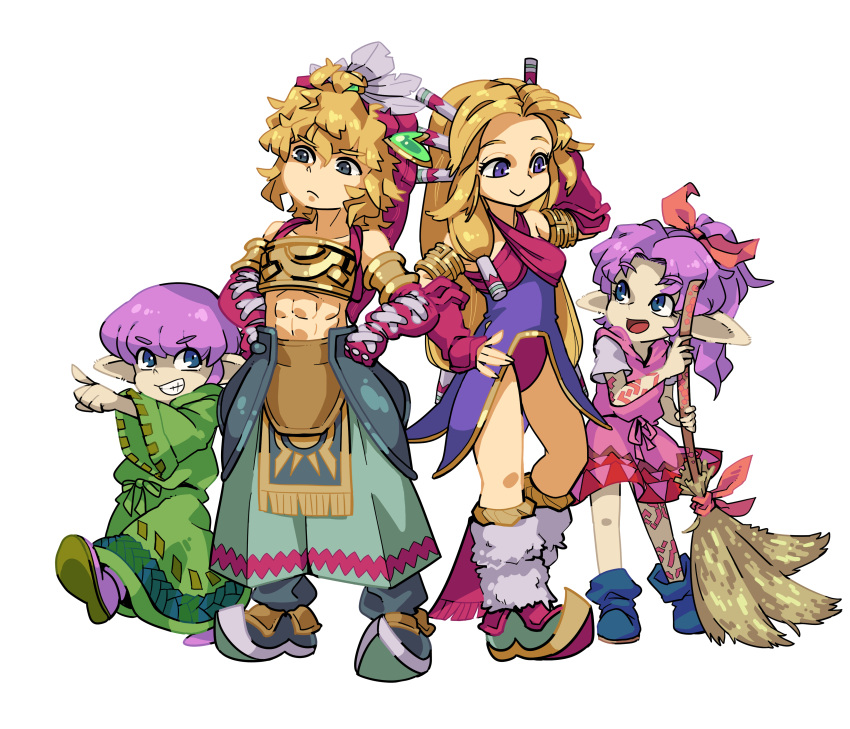 2boys 2girls abs absurdres blonde_hair broom character_request full_body green_robe hands_on_hips headdress height_difference highres legend_of_mana leotard midriff multiple_boys multiple_girls pointy_footwear purple_hair purple_leotard seiken_densetsu simple_background tenjin white_background