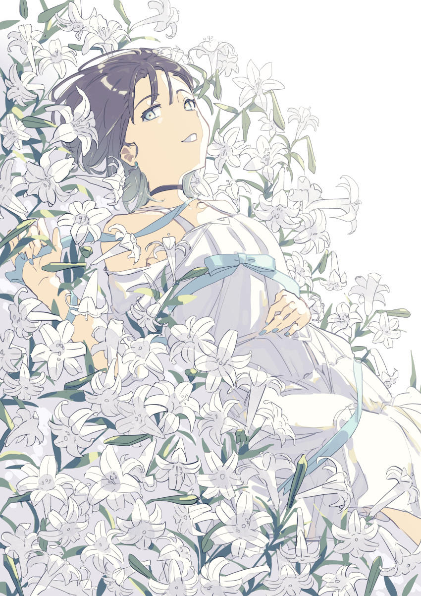 1girl absurdres asakura_tooru black_choker black_hair blue_hair blue_ribbon choker commentary_request dress dutch_angle eyebrows_visible_through_hair flower gradient_hair hand_on_own_stomach hand_up highres idolmaster idolmaster_shiny_colors kakuzato lily_(flower) looking_at_viewer lying multicolored_hair off-shoulder_dress off_shoulder on_back parted_lips ribbon short_hair solo teeth white_dress white_flower