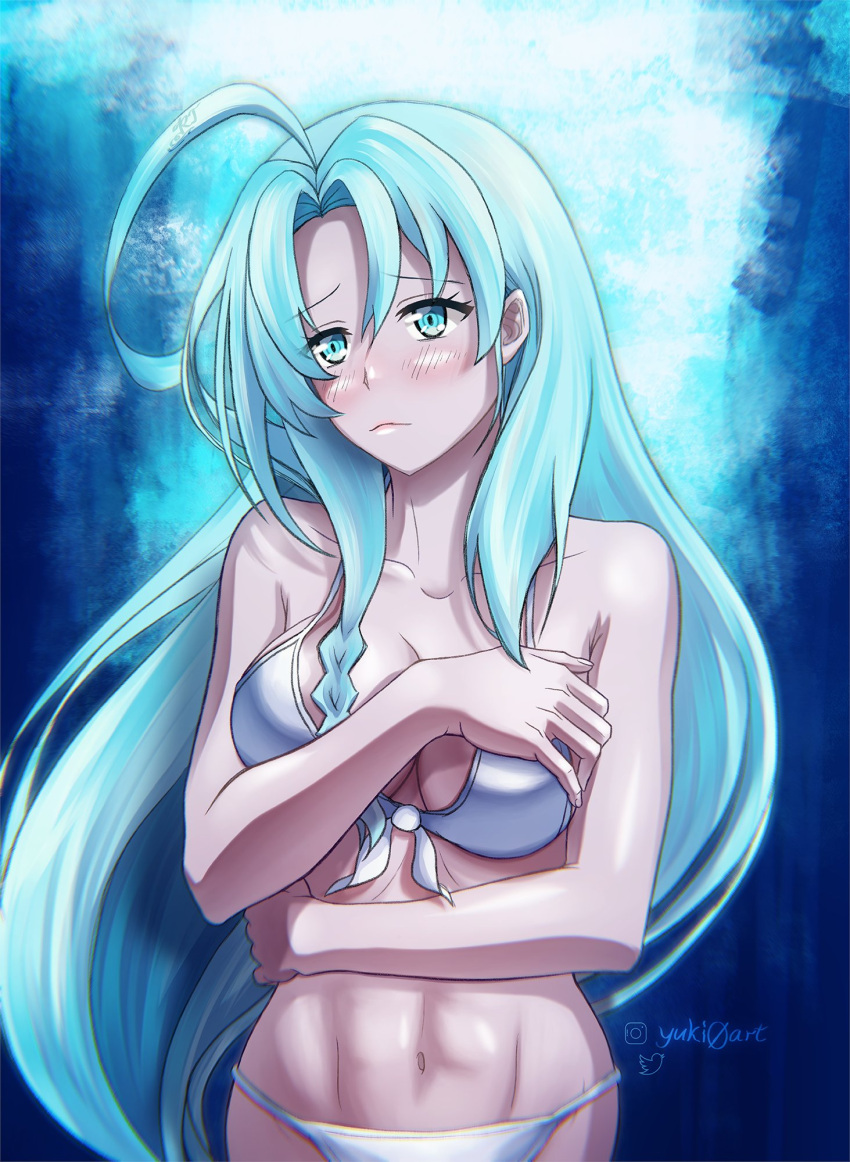 1girl ahoge aqua_eyes bangs bikini blue_hair blush breasts closed_mouth eyebrows_visible_through_hair highres large_breasts long_hair looking_at_viewer sentouin_hakenshimasu! sidelocks snow_(sentouin_hakenshimasu!) solo swimsuit white_bikini white_swimsuit yuki-rt yuki0art