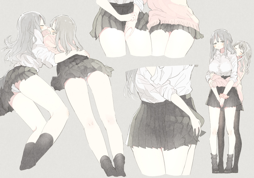 2girls ass_grab bare_legs black_legwear black_skirt closed_eyes closed_mouth commentary_request cropped_legs eyebrows_visible_through_hair fuyuri_(tibirobo) grey_background grey_hair hand_on_another's_hand hand_on_another's_thigh highres hug hug_from_behind jitome kiss kneepits legs long_hair multiple_girls multiple_views original panties pantyhose pink_sweater pleated_skirt school_uniform scrunchie shirt shirt_tucked_in simple_background skirt socks sweater thigh_grab thighs underwear upskirt white_panties white_shirt wrist_scrunchie yuri
