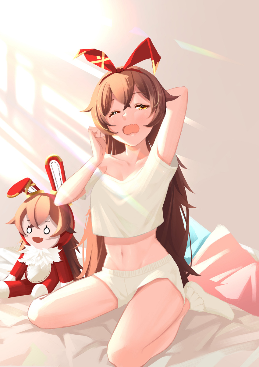 1girl amber_(genshin_impact) animal_ears arm_behind_head bare_legs baron_bunny_(genshin_impact) bed bedroom brown_hair collarbone commentary_request crop_top eyebrows_visible_through_hair fake_animal_ears genshin_impact hairband highres indoors long_hair midriff morning navel off-shoulder_shirt off_shoulder one_eye_closed orange_eyes pillow rabbit_ears red_hairband shirt shorts sitting socks solo sunlight tearing_up waking_up wariza wavy_mouth wer0 white_legwear white_shirt white_shorts yawning