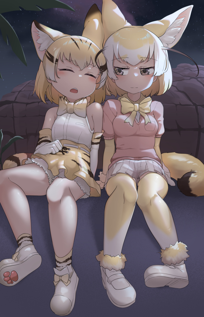 2girls absurdres animal_ears bangs black_sky blonde_hair bob_cut bow bowtie brown_eyes cat_ears cat_tail chis_(js60216) closed_eyes closed_mouth elbow_gloves fennec_(kemono_friends) fox_ears fox_tail gloves half-closed_eyes high-waist_skirt highres kemono_friends leaning_on_person light_smile looking_at_another mary_janes miniskirt multiple_girls night night_sky open_mouth outdoors pantyhose pink_sweater pleated_skirt print_gloves print_skirt sand_cat_(kemono_friends) sand_cat_print shirt shoes short_hair short_sleeves side-by-side sitting skirt sky sleeping sleeveless sleeveless_shirt socks star_(sky) starry_sky sweater tail v-neck white_footwear white_gloves white_shirt white_skirt yellow_gloves yellow_legwear yellow_neckwear yellow_skirt