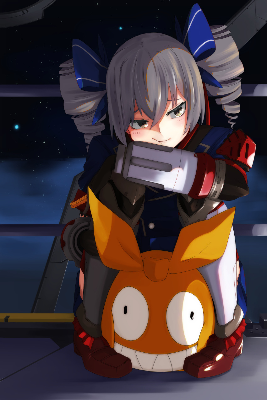 1girl absurdres bangs blush bronya_zaychik bronya_zaychik_(valkyrie_chariot) brown_footwear clouds cloudy_sky drill_hair full_body grey_eyes grey_hair hair_between_eyes highres homu_(honkai_impact) honkai_(series) honkai_impact_3rd indoors night night_sky shoes shot_(shot0598) sitting sitting_on_floor sky solo star_(sky) twin_drills