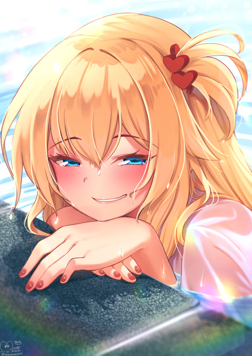 1girl akai_haato bangs blonde_hair blue_eyes blush commentary_request eyebrows_visible_through_hair face grin hair_between_eyes hair_ornament hands hands_up heart heart_hair_ornament highres hololive long_hair looking_at_viewer magowasabi nail_polish one_side_up own_hands_together partially_submerged pool red_nails see-through signature smile solo twitter_username upper_body virtual_youtuber water wet wet_clothes wet_hair