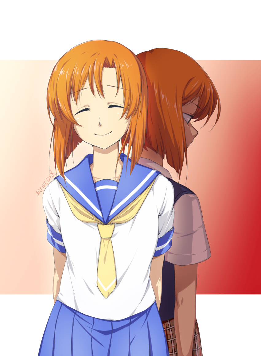 2girls absurdres arms_behind_back artifedex back-to-back blue_sailor_collar blue_skirt blue_vest closed_mouth collarbone collared_shirt dark_persona facing_viewer gradient gradient_background hair_intakes highres higurashi_no_naku_koro_ni miniskirt multiple_girls neckerchief orange_hair pleated_skirt ryuuguu_rena sailor_collar sailor_shirt school_uniform serafuku shiny shiny_hair shirt short_hair short_sleeves skirt smile vest white_shirt yellow_neckwear