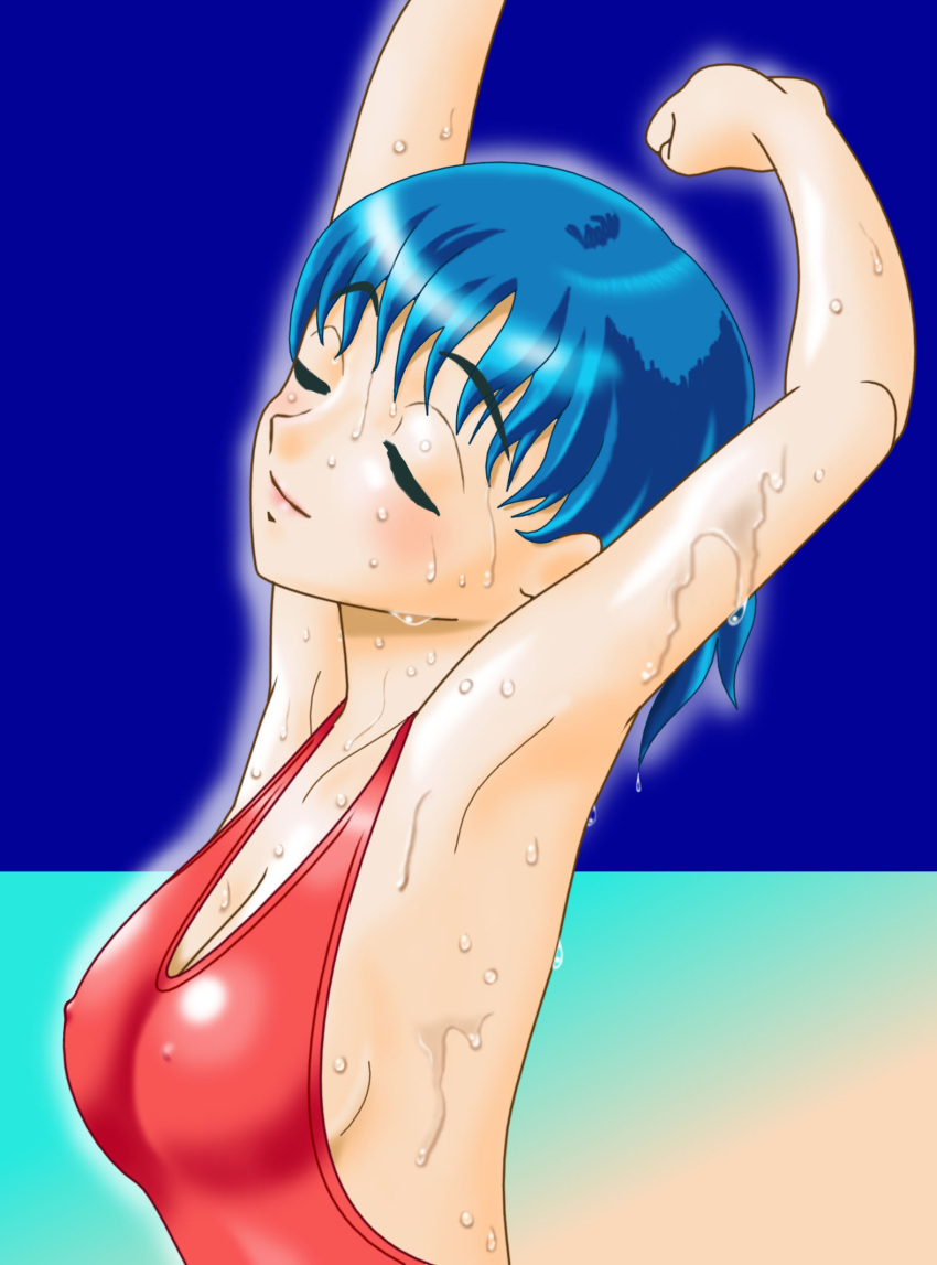 armpits arms_up bishoujo_senshi_sailor_moon blue_background blue_hair closed_eyes covered_nipples eyebrows_visible_through_hair highres lips mizuno_ami red103 red_swimsuit shiny shiny_hair short_hair stretch summer sweat swimsuit two-tone_background wet wet_hair