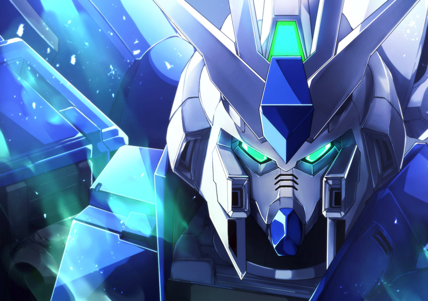 char's_counterattack char's_counterattack_-_beltorchika's_children commentary glowing glowing_eyes green_eyes gundam harii_(janib5kc) hi-nu_gundam highres looking_at_viewer mecha mobile_suit no_humans portrait science_fiction solo v-fin