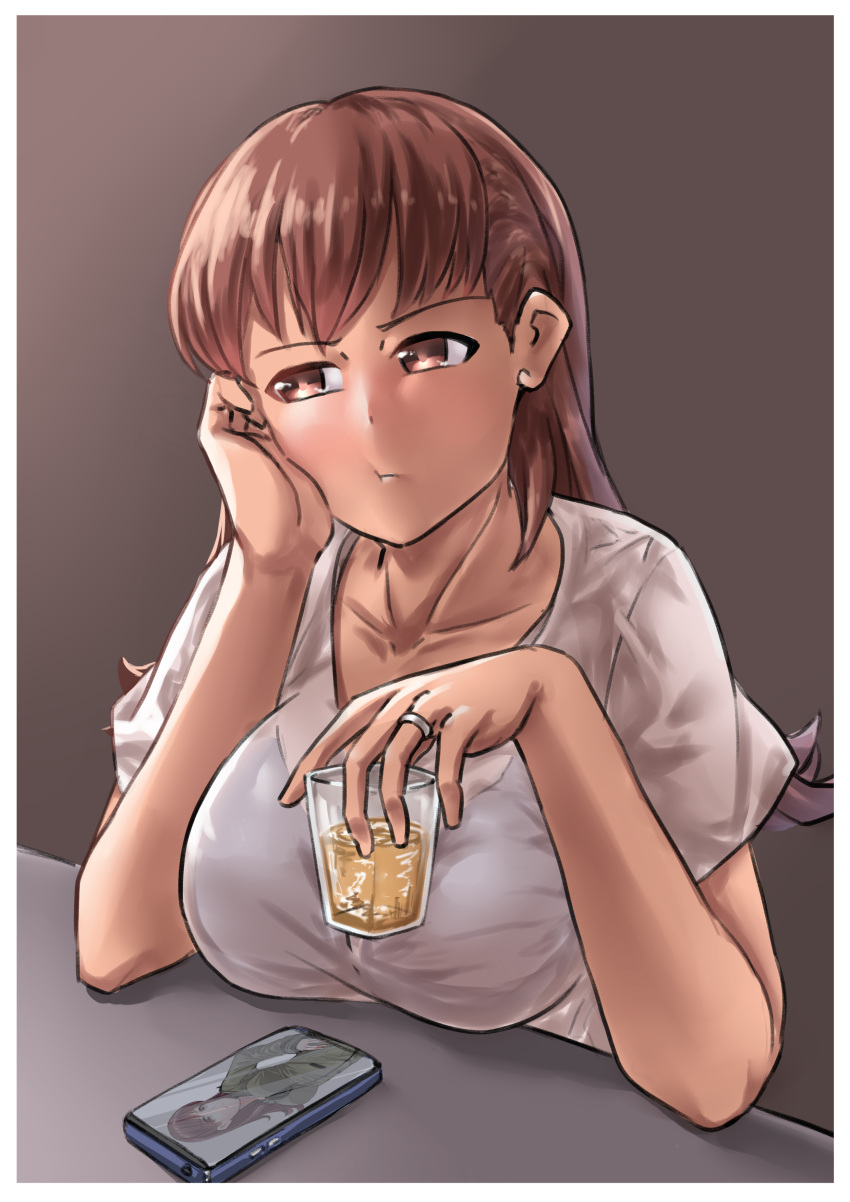 1girl absurdres alcohol blush border breasts brown_eyes brown_hair cellphone collarbone cup drinking_glass garylin head_rest highres holding holding_cup jewelry kantai_collection large_breasts long_hair ooi_(kancolle) phone pout ring shirt short_sleeves sitting smartphone solo table upper_body wedding_band white_border white_shirt