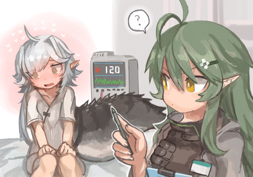 2girls ? @_@ ahoge antenna_hair arknights black_vest blush buchi0122 cardiogram commentary crocodilian_tail d-pad d-pad_hair_ornament dress full-face_blush gavial_(arknights) green_hair hair_ornament heart highres holding holding_pen hospital_gown id_card long_hair looking_at_another looking_away looking_down multiple_girls open_mouth pen pointy_ears sitting spoken_question_mark sweat tail tomimi_(arknights) vest white_dress white_hair yellow_eyes yuri
