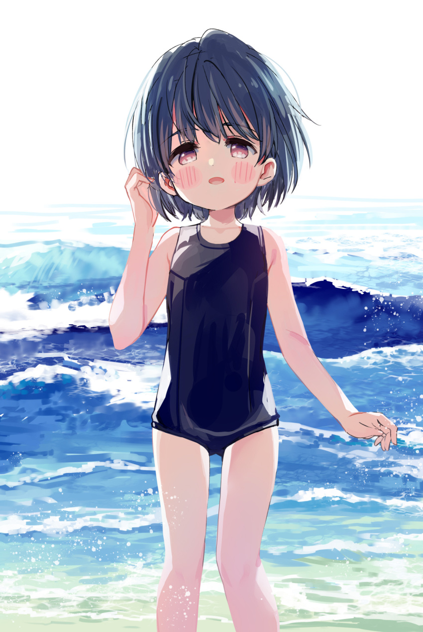 1girl bangs bare_arms bare_shoulders black_hair black_swimsuit blush_stickers collarbone day eyebrows_visible_through_hair feet_out_of_frame hair_between_eyes highres meito_(maze) old_school_swimsuit one-piece_swimsuit original outdoors red_eyes school_swimsuit solo standing swimsuit water waves