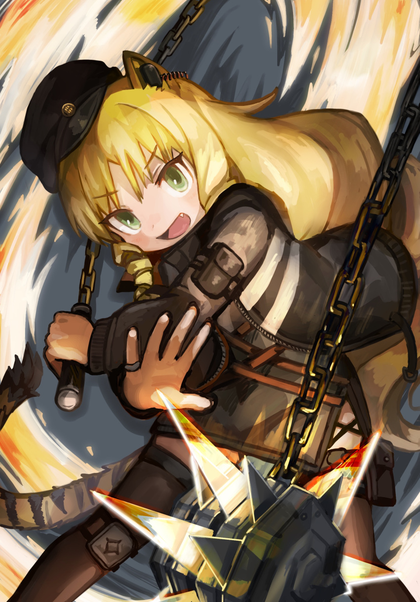 1girl animal_ears arknights beret black_headwear black_jacket black_legwear black_skirt blonde_hair boots buchi0122 commentary drill_hair earpiece fang feet_out_of_frame flail green_eyes hat highres holding holding_weapon jacket jewelry knee_boots long_hair looking_at_viewer open_clothes open_jacket open_mouth pinky_ring ring skirt solo swire_(arknights) tail thigh-highs thigh_pouch tiger_ears tiger_girl tiger_tail very_long_hair weapon