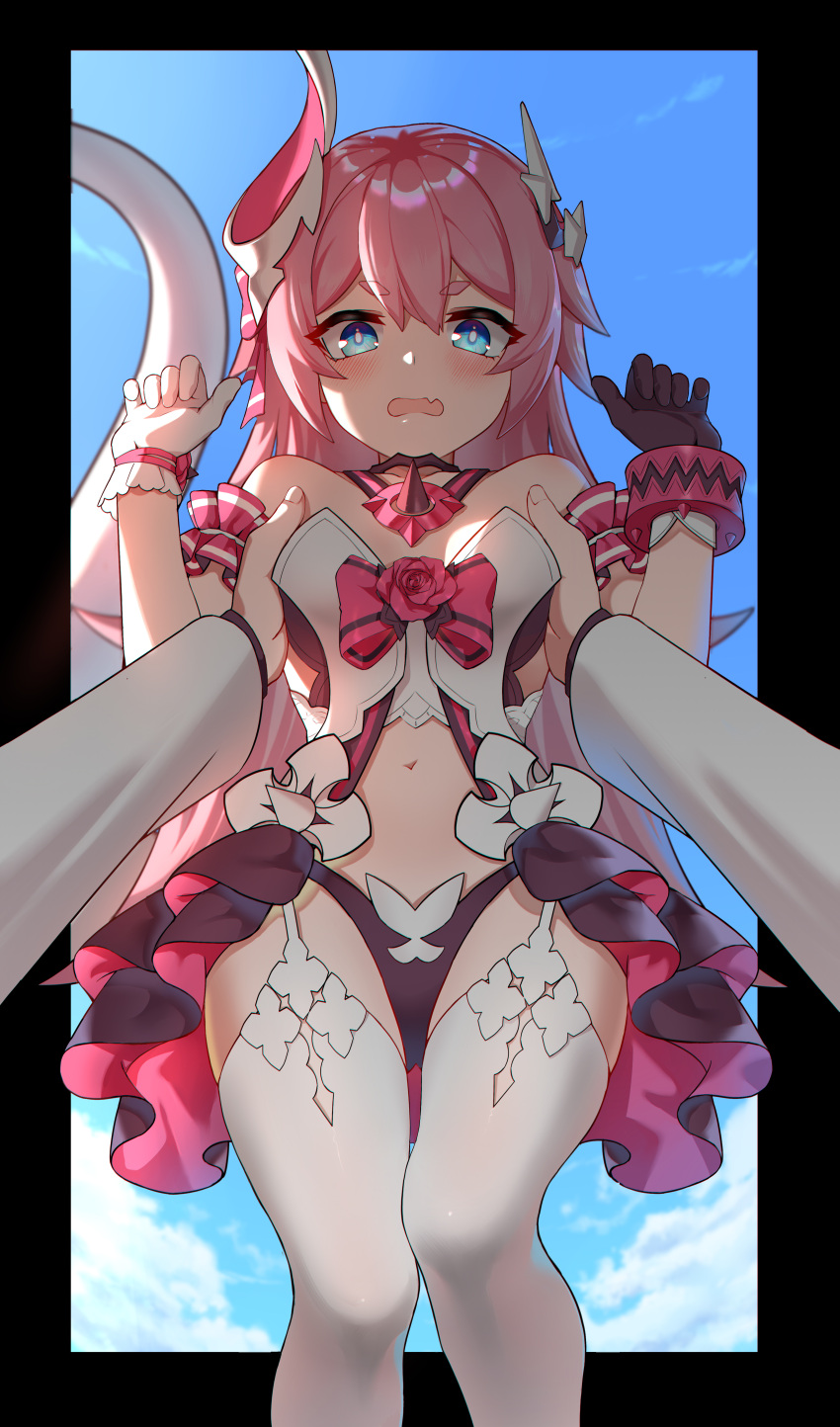 1girl absurdres blue_eyes breasts fang gloves highres honkai_(series) honkai_impact_3rd horns lifting_person long_hair looking_at_viewer navel open_mouth panties pink_hair pov pov_hands rozaliya_olenyeva single_glove sky small_breasts solo_focus tail thigh-highs underwear white_legwear