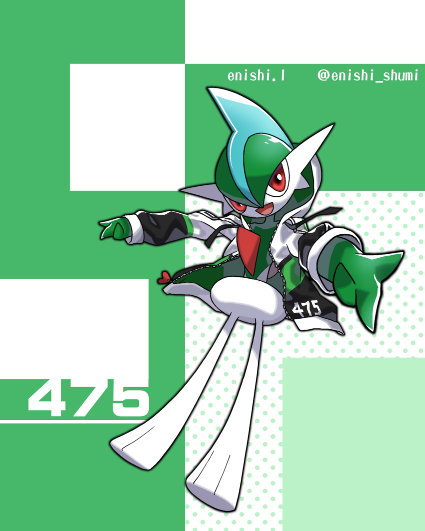 :d artist_name clothed_pokemon commentary_request enishi_(menkura-rin10) full_body gallade gen_4_pokemon highres hood hoodie long_sleeves looking_at_viewer number open_clothes open_hoodie open_mouth outstretched_arms pokedex_number pokemon pokemon_(creature) red_eyes smile solo tongue twitter_username zipper