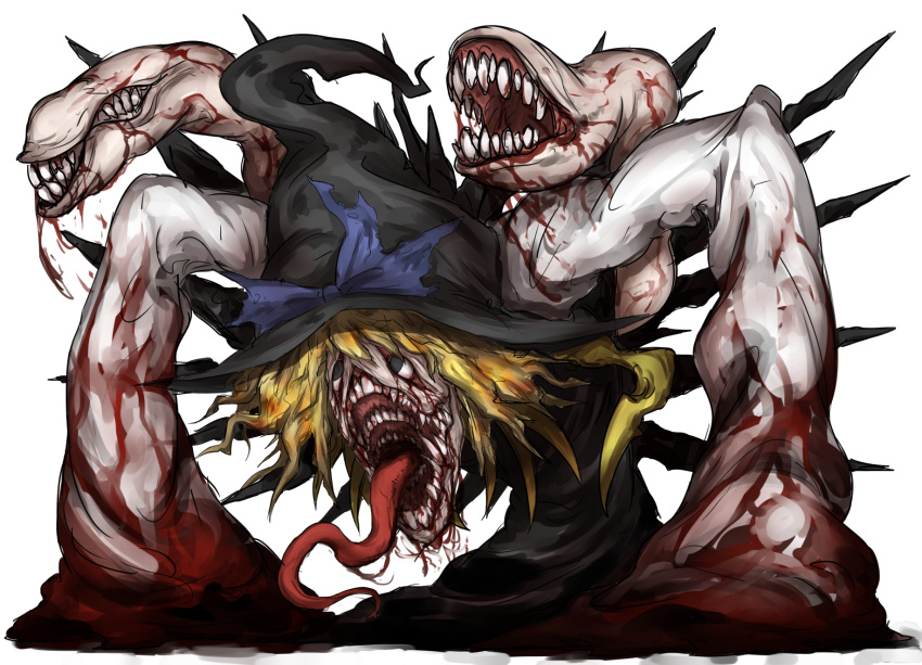 1girl bangs black_dress black_eyes black_headwear blonde_hair blood blood_on_face bloody_clothes blue_bow body_horror bow closed_mouth commentary cookie_(touhou) dress extra_mouth extra_teeth full_body hat hat_bow highres horror_(theme) kirisame_marisa long_hair looking_to_the_side monster monster_girl open_mouth shitteru? simple_background sleeves_past_wrists solo tongue tongue_out touhou white_background witch_hat yuuhi_(cookie)