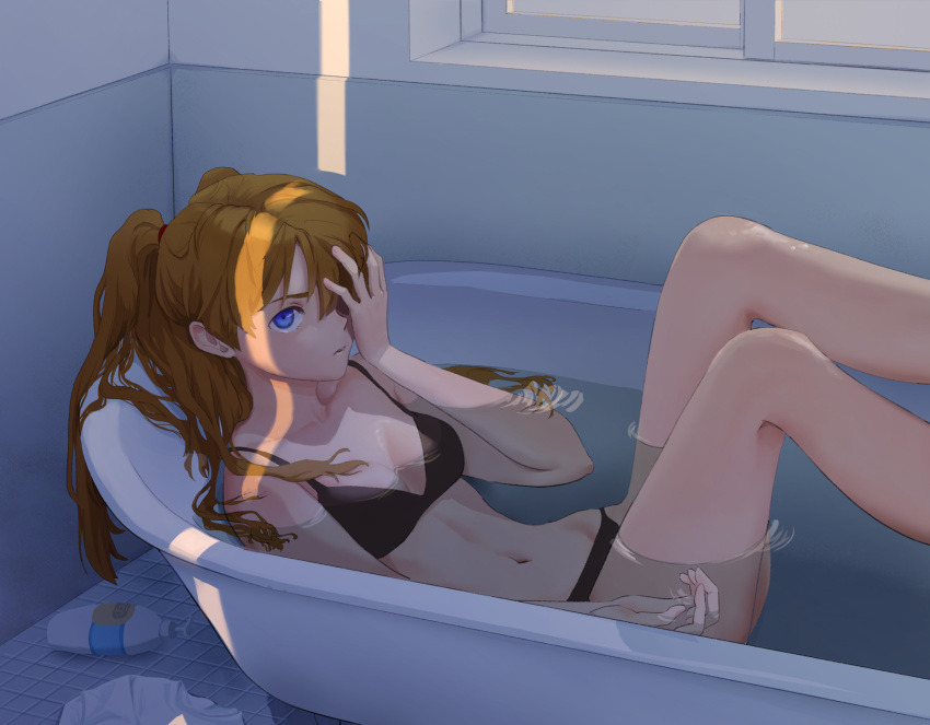 1girl bare_arms bare_legs bathing bathroom bathtub black_bra black_panties blue_eyes bra breasts collarbone commentary dark english_commentary feet_out_of_frame hand_over_eye highres indoors long_hair looking_at_viewer lotion_bottle navel neon_genesis_evangelion one_eye_covered orange_hair panties parted_lips partially_submerged phina_(jinahou) ripples shirt_removed small_breasts solo souryuu_asuka_langley tile_floor tiles twintails underwear underwear_only