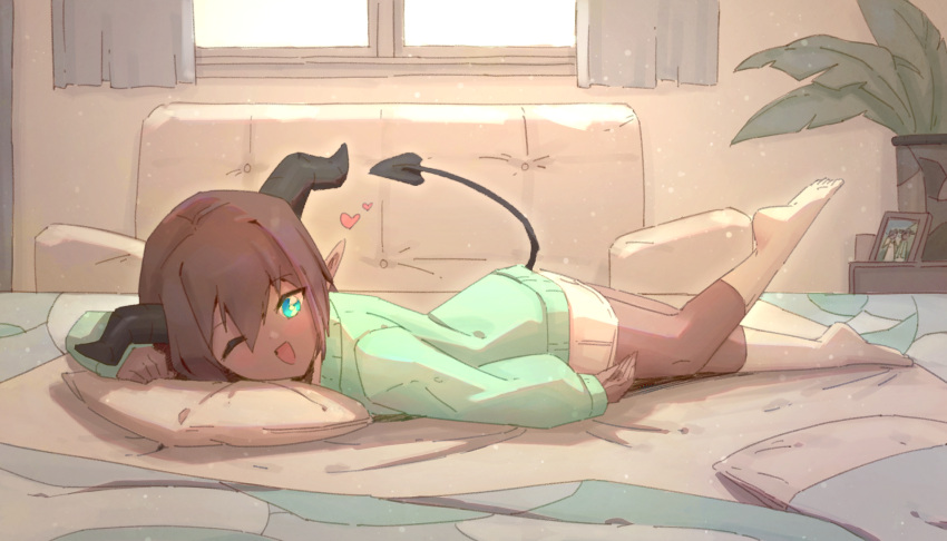 1girl aqua_cardigan aqua_eyes arm_up bangs bed bedroom black_horns blush bob_cut brown_hair cardigan commentary couch curtains dark-skinned_female dark_skin day demon_girl demon_tail eyebrows_visible_through_hair foot_up hair_intakes happy heart highres horns indoors light_blush long_sleeves looking_at_viewer lying miniskirt on_bed on_stomach one_eye_closed open_mouth original pencil_skirt picture_(object) picture_frame pillow plant pointy_ears potted_plant rune_(pixiv_25170019) short_hair sidelocks skirt smile socks solo tail white_legwear white_skirt window