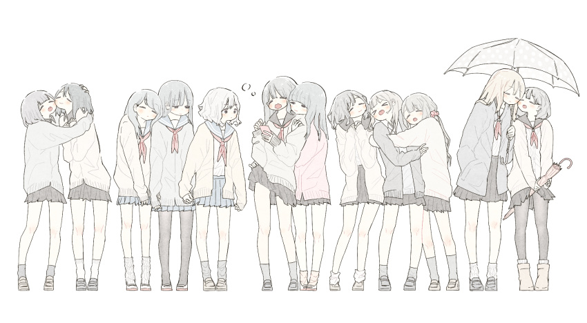 &gt;_&lt; 6+girls bare_legs beige_sweater black_hair black_legwear black_sailor_collar black_skirt blue_sailor_collar blue_skirt blush boots brown_footwear cellphone cheek-to-cheek closed_eyes closed_mouth clothes_lift collared_shirt commentary_request eyebrows_visible_through_hair full_body fuyuri_(tibirobo) grey_hair grey_legwear grey_sweater grey_umbrella hair_ornament hair_scrunchie hand_in_pocket hand_on_another's_head hand_on_another's_shoulder hands_on_own_chest height_difference highres holding holding_hands holding_umbrella hug hug_from_behind interlocked_fingers leaning_on_person loafers long_hair medium_hair multiple_girls neckerchief open_mouth original pantyhose phone pink_sweater pink_umbrella pleated_skirt polka_dot polka_dot_umbrella red_neckwear sailor_collar school_uniform scrunchie serafuku shared_umbrella shirt shoes short_hair simple_background skirt skirt_lift sleeping smartphone smile socks sweater umbrella upper_teeth wavy_mouth white_background white_footwear white_hair white_legwear white_shirt white_sweater yuri