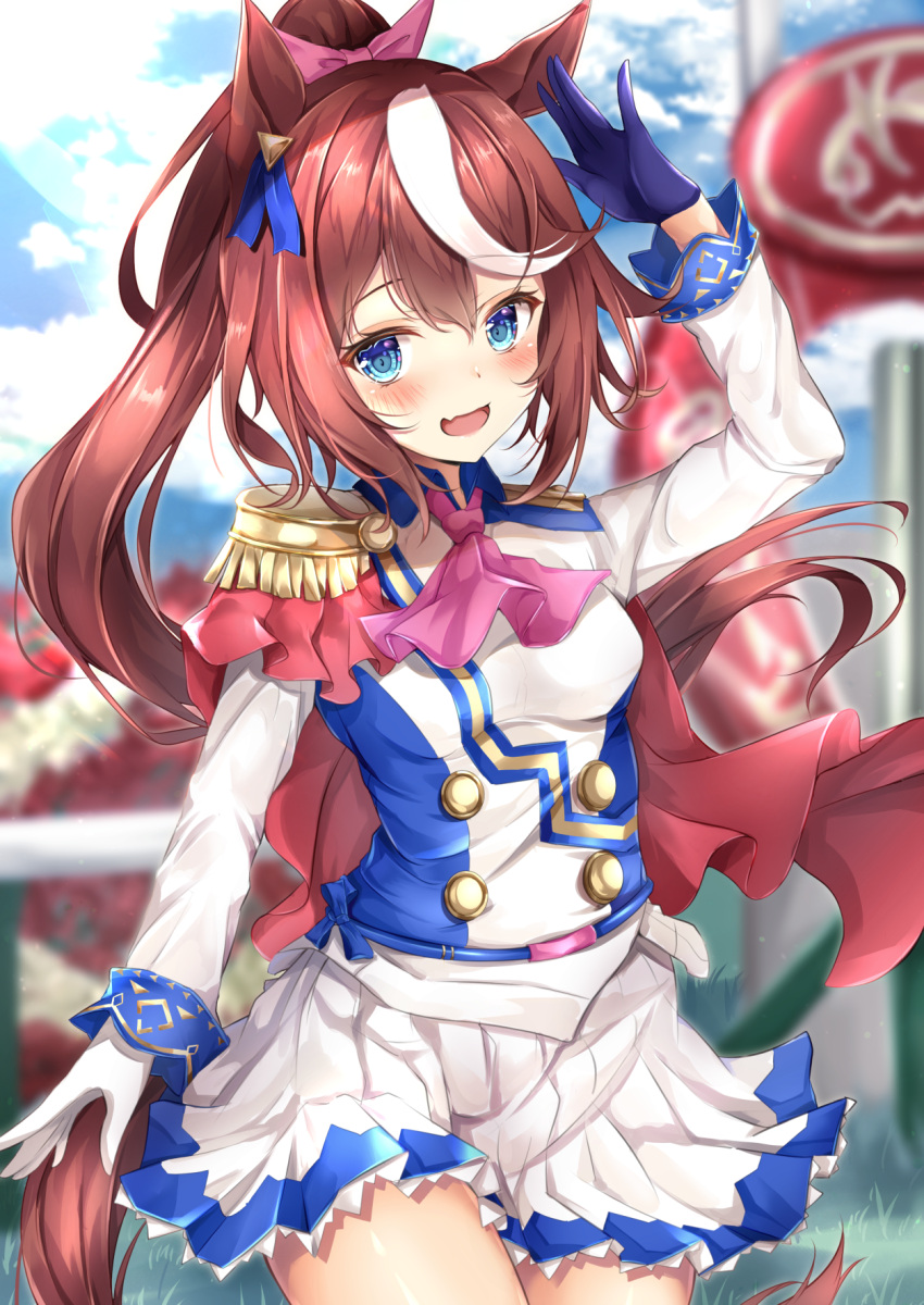 1girl :d animal_ears arm_up ascot bangs blue_eyes blue_jacket blurry blurry_background blush bow breasts brown_hair commentary_request cowboy_shot day depth_of_field epaulettes eyebrows_visible_through_hair fang gloves hair_bow high_ponytail highres horse_ears horse_girl horse_tail jacket long_hair long_sleeves looking_at_viewer medium_breasts mismatched_gloves multicolored_hair open_mouth outdoors pink_bow pink_neckwear pleated_skirt ponytail purple_gloves rumiko_(rmeco) single_epaulette skin_fang skirt smile solo standing streaked_hair tail tokai_teio_(umamusume) two-tone_jacket umamusume very_long_hair white_gloves white_hair white_jacket white_skirt