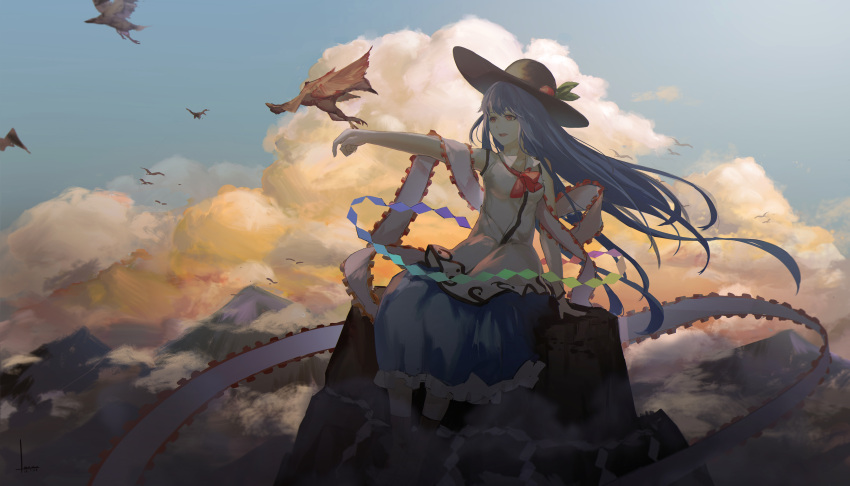 1girl absurdres arm_support bird black_headwear blue_hair blue_skirt boots bow bowtie brown_footwear chinese_commentary clouds commentary_request dated day eyebrows_behind_hair floating_hair food frilled_ribbon frilled_skirt frills fruit full_body hat highres hinanawi_tenshi leaf long_hair looking_afar luomo mountain mountainous_horizon open_mouth outstretched_arm partial_commentary peach red_bow red_bowtie red_eyes ribbon scenery shirt signature sitting skirt sky solo teeth touhou upper_teeth white_ribbon white_shirt