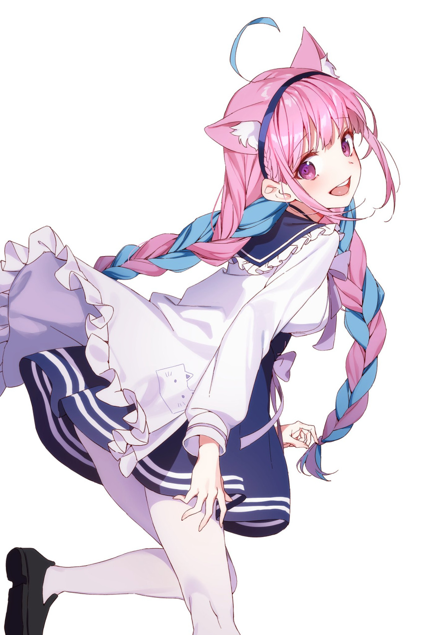 1girl :d ahoge animal_ear_fluff animal_ears bangs blue_hair blush braid breasts cat_ears cat_girl commentary_request dress from_side hairband highres hololive jacket loafers long_hair long_sleeves looking_at_viewer medium_breasts minato_aqua multicolored_hair open_mouth pantyhose pepperdevil pink_hair shoes smile solo striped striped_legwear twin_braids two-tone_hair upper_teeth virtual_youtuber white_background white_jacket white_legwear