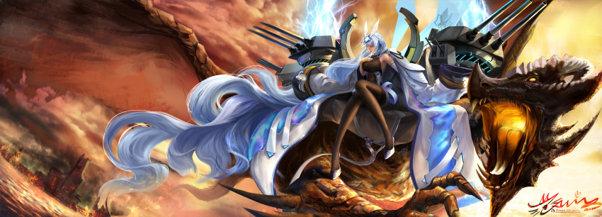 1girl absurdly_long_hair absurdres artillery azur_lane bare_shoulders blue_eyes bodystocking breasts coat dragon eagle_union_(emblem) fine_fabric_emphasis full_body hand_on_own_chest headgear highres huge_filesize large_breasts light_blue_hair lightning long_hair new_jersey_(azur_lane) open_clothes open_coat pantyhose red_clouds rigging signature solo thighband_pantyhose turret very_long_hair white_coat white_footwear zuic