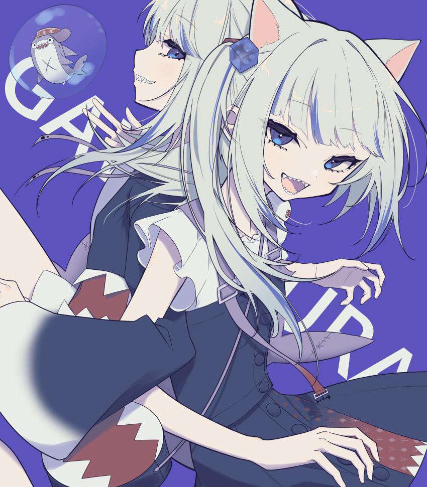 2girls absurdres back-to-back bloop_(gawr_gura) blue_background character_name dual_persona gawr_gura grin highres hikap hololive hololive_english locked_arms looking_at_viewer multiple_girls sharp_teeth silver_hair smile teeth virtual_youtuber