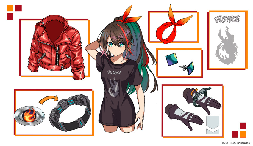 anonymous_(nijisanji) belt black_shirt blue_eyes brown_hair character_sheet colored_inner_hair earrings english_commentary etna_crimson gloves graphic_shirt hair_ribbon highres jacket jewelry leather leather_jacket long_hair looking_at_viewer multicolored_hair nijisanji nijisanji_id official_art ponytail red_jacket red_ribbon ribbon shirt streaked_hair t-shirt tied_hair virtual_youtuber white_background