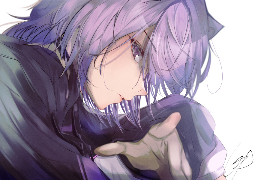 1girl absurdres animal_ears bangs black_hoodie blush cat_ears cat_girl close-up eyebrows_visible_through_hair film_grain from_side highres hololive hood hoodie huge_filesize leaning_forward looking_at_viewer nekomata_okayu open_hand parted_lips pointing pointing_at_viewer purple_hair signature solo upper_body urotare violet_eyes virtual_youtuber