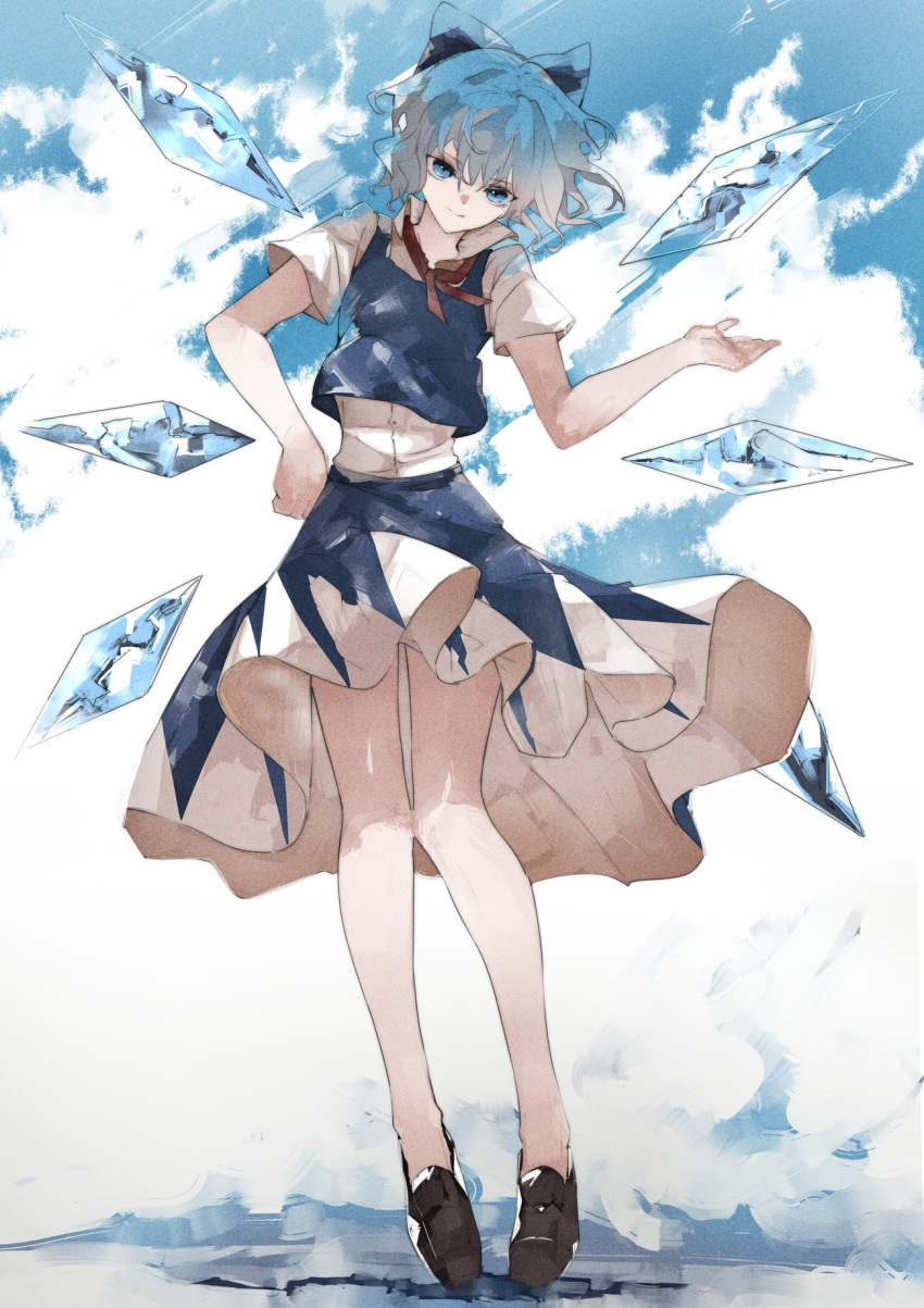 1girl bangs blue_bow blue_eyes blue_hair blue_skirt blue_vest bow brown_footwear cirno closed_mouth cracked_floor floating_hair full_body hair_between_eyes hair_bow hand_on_hip hand_up head_tilt highres ice ice_wings ikurauni leaning_to_the_side legs_together looking_at_viewer red_neckwear red_ribbon ribbon shirt short_hair short_sleeves simple_background skirt smile solo touhou vest white_shirt wind wind_lift wings