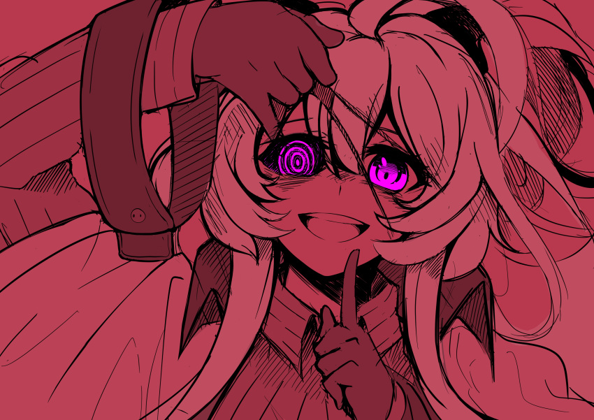 1girl absurdres ahoge alchemy_stars bangs black_sclera colored_sclera eicy_(alchemy_stars) eyepatch eyepatch_lift finger_to_mouth gloves haireirei highres long_hair looking_at_viewer mismatched_pupils mismatched_sclera red_theme ringed_eyes shushing smile solo violet_eyes