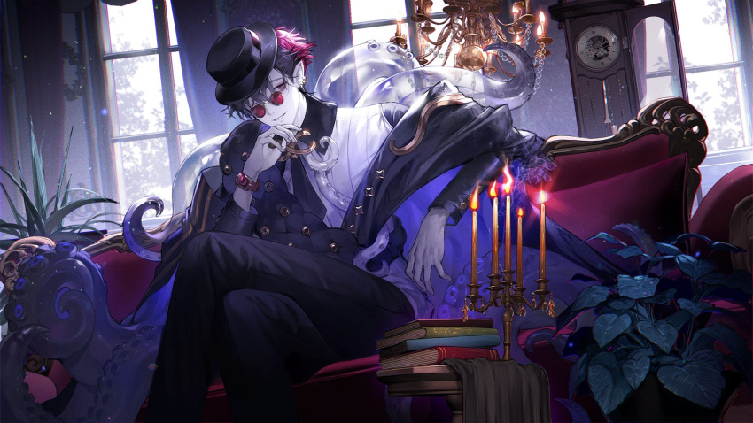 1boy alchemy_stars black_hair black_headwear black_legwear book bowler_hat candelabra candle chandelier clock commentary_request couch crossed_legs fire formal glasses grandfather_clock hat highres kleken_(alchemy_stars) lentain looking_at_viewer multicolored_hair one_eye_closed pale_skin plant pointy_ears red-tinted_eyewear round_eyewear short_hair sitting smile solo suit tentacles translucent very_short_hair watch window
