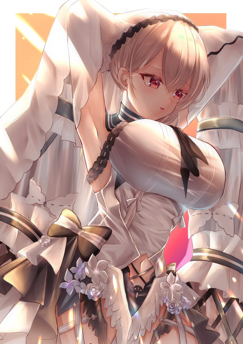 1girl absurdres azur_lane black_bow black_neckwear black_sailor_collar bow bow_dress breasts clothing_cutout dress feather_dress flower formidable_(azur_lane) formidable_(timeless_classics)_(azur_lane) hair_ornament hands_in_hair highres hrsimrak large_breasts long_hair navel_cutout official_alternate_costume platinum_blonde_hair red_eyes sailor_collar solo two-tone_dress two-tone_ribbon veil very_long_hair white_dress white_flower