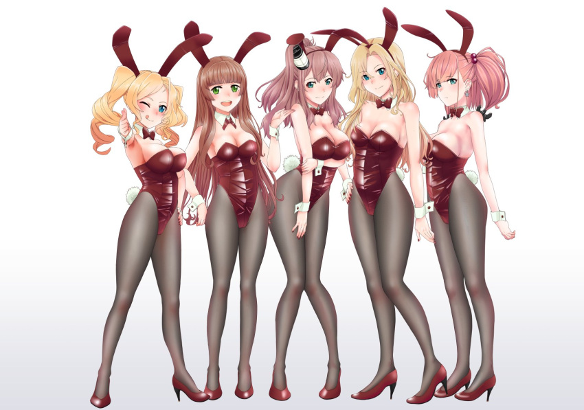 5girls :q alternate_hairstyle anchor_hair_ornament animal_ears atlanta_(kancolle) bangs black_legwear blue_eyes blush bow bowtie breasts brown_hair bunny_tail closed_mouth detached_collar drill_hair earrings fake_animal_ears fake_tail full_body gradient gradient_background green_eyes grey_background hair_between_eyes hair_bobbles hair_ornament hand_on_hip helena_(kancolle) high_heels highres honolulu_(kancolle) hornet_(kancolle) jewelry kantai_collection large_breasts leotard long_hair mikan_29344886 multiple_girls one_eye_closed open_mouth pantyhose pink_hair playboy_bunny ponytail rabbit_ears red_footwear red_leotard red_neckwear saratoga_(kancolle) simple_background single_earring smile smokestack_hair_ornament standing star_(symbol) star_earrings tail tongue tongue_out twin_drills twintails two_side_up wrist_cuffs