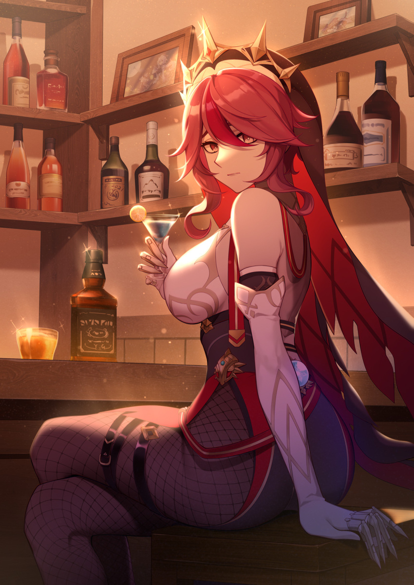 1girl alcohol bare_shoulders black_legwear breasts crossed_legs cup drink drinking_glass elbow_gloves fishnet_legwear fishnets genshin_impact gloves highres large_breasts lxy122 nun pantyhose rosaria_(genshin_impact) sitting table thighs veil whiskey wine_glass