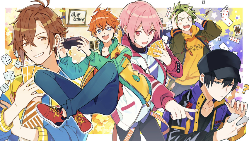 5boys ? argonavis_from_bang_dream! bang_dream! black_hair blue_eyes brown_eyes brown_hair card controller denim dice fangs fuujin_rizing! game_controller gotou_misaki_(argonavis) green_hair hat hayasaka_kouhei highres jacket jeans kaminoshima_fuuta kurodeko male_focus multiple_boys orange_hair pants pink_eyes pink_hair playing_card pointing shoes sitting sneakers star_(symbol) starry_background tsubaki_yamato wakakusa_aoi