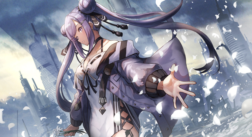 1girl bangs breasts dark-skinned_female dark_skin double_bun dress dutch_angle eyebrows_visible_through_hair highres jacket long_hair looking_at_viewer off_shoulder open_clothes open_jacket original outdoors petals purple_hair ruins small_breasts solo swept_bangs twintails violet_eyes yu_ni_t