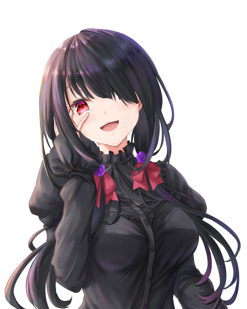 1girl :d absurdres bangs black_dress black_hair breasts buttons date_a_live dress eyebrows_visible_through_hair flower gradient gradient_background grey_background h_yoruneko hair_flower hair_ornament hair_over_one_eye hair_ribbon hand_on_own_face highres juliet_sleeves long_hair long_sleeves looking_at_viewer medium_breasts open_mouth puffy_sleeves purple_flower red_eyes red_ribbon ribbon smile solo tokisaki_kurumi upper_body white_background