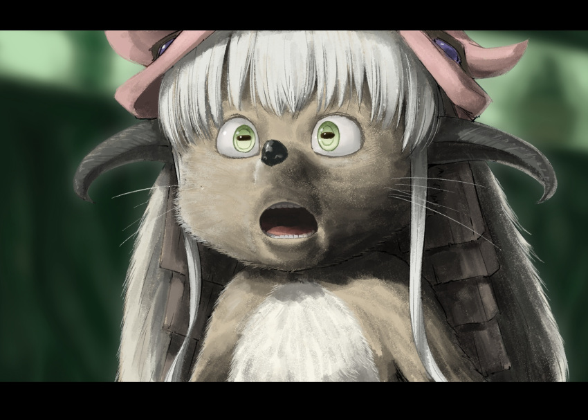 1other 4shi bangs commentary_request derivative_work fur furry helmet highres horizontal_pupils horned_helmet letterboxed long_hair made_in_abyss nanachi_(made_in_abyss) open_mouth parody realistic screencap_redraw solo sonic_(series) sonic_the_hedgehog_(film) teeth what whiskers white_hair yellow_eyes