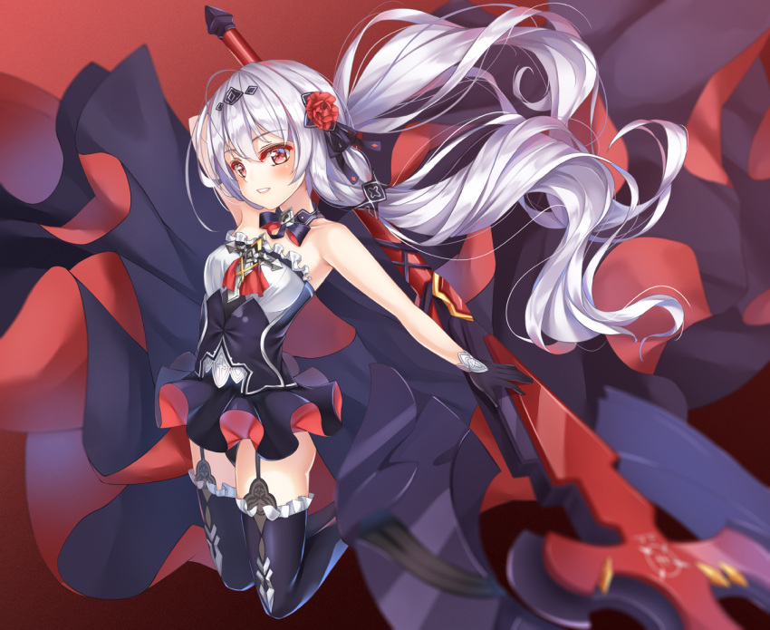 1girl axe bangs bare_shoulders black_gloves black_legwear cross_(weapon) flower full_body gloves hair_between_eyes hair_flower hair_ornament holding holding_axe holding_weapon honkai_(series) honkai_impact_3rd legs_up long_hair looking_at_viewer pinocchio_(dlekrkdwlt) red_eyes red_flower red_rose rose solo theresa_apocalypse theresa_apocalypse_(luna_kindred) thigh-highs twintails weapon white_hair