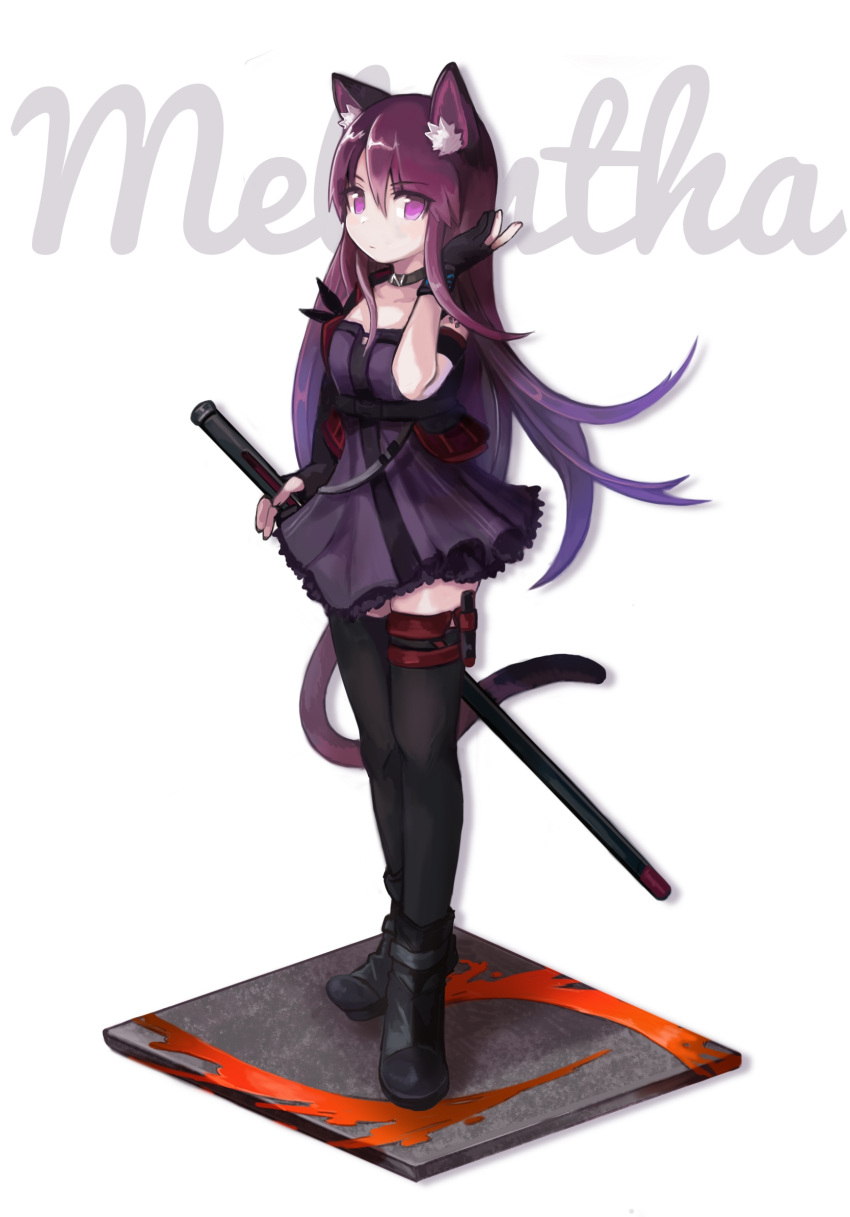 1girl animal_ear_fluff animal_ears arknights black_choker black_footwear black_gloves black_legwear boots buchi0122 cat_ears cat_tail character_name choker collarbone commentary dress full_body gloves hand_on_sheath highres infection_monitor_(arknights) long_hair looking_at_viewer melantha_(arknights) off-shoulder_dress off_shoulder oripathy_lesion_(arknights) partially_fingerless_gloves purple_dress purple_hair scabbard sheath solo standing sword tail thigh-highs thigh_strap very_long_hair violet_eyes weapon white_background wristband