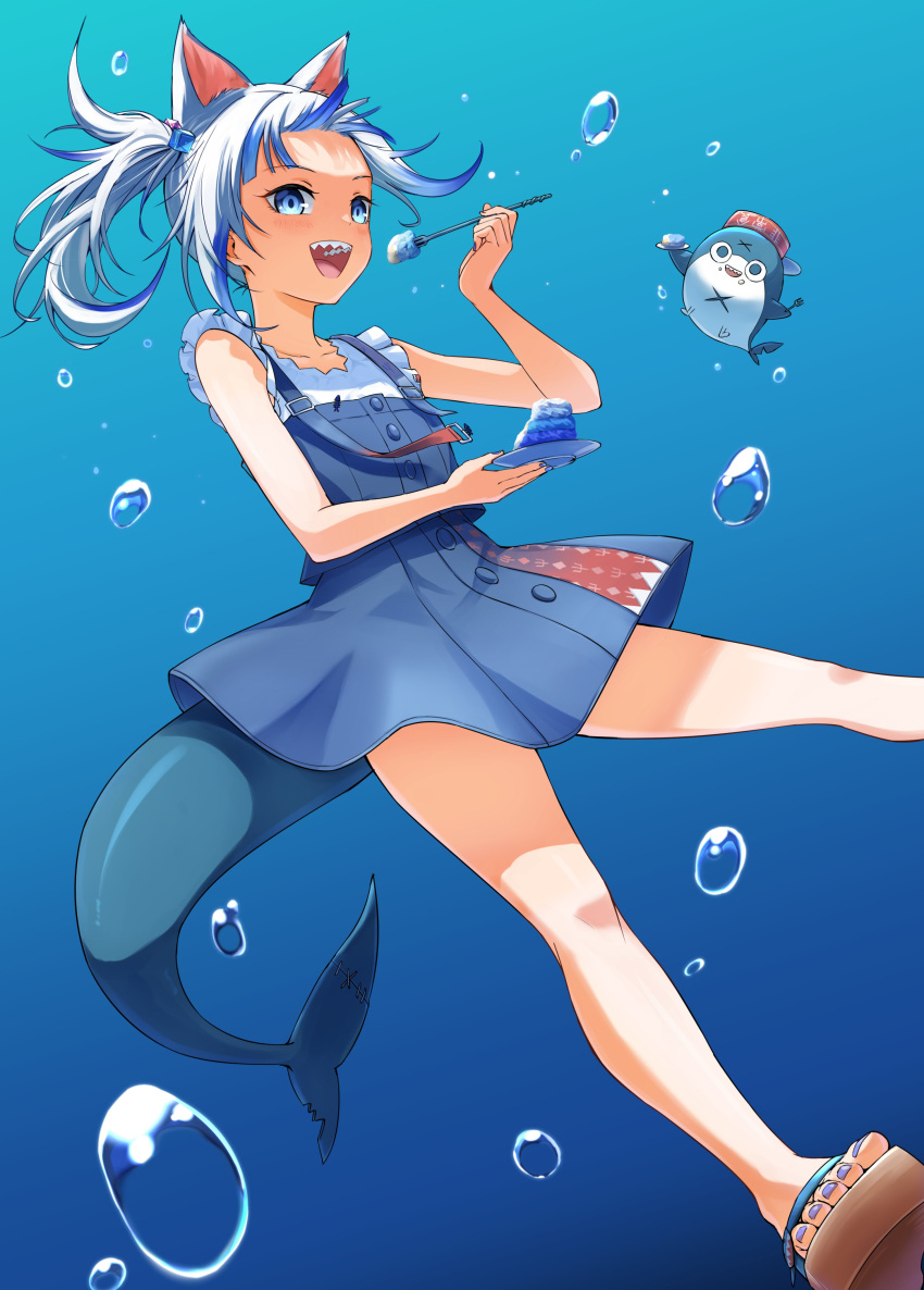 1girl absurdres air_bubble animal_ears bloop_(gawr_gura) blue_hair blue_nails blue_skirt bubble cake cat_ears extra_ears fish_tail food gawr_gura highres hololive hololive_english multicolored_hair open_mouth plate shark_tail sharp_teeth silver_hair skirt smile solo streaked_hair tail teeth toenail_polish two-tone_hair two_side_up underwater yuu201023