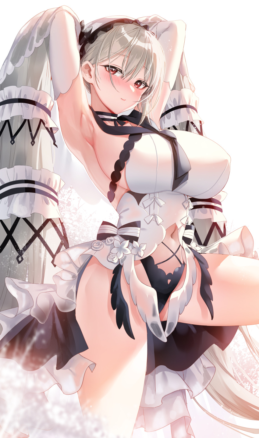 1girl absurdres armpits arms_up azur_lane bangs bare_shoulders black_choker black_dress black_neckwear black_sailor_collar blush bow_dress breasts choker closed_mouth clothing_cutout commentary cowboy_shot detached_sleeves dress eyebrows_visible_through_hair feather_dress formidable_(azur_lane) formidable_(timeless_classics)_(azur_lane) frilled_dress frills hair_between_eyes hair_ornament hair_ribbon highres large_breasts long_hair looking_at_viewer navel navel_cutout neckerchief official_alternate_costume picter red_eyes ribbon sailor_collar sideboob sidelocks silver_hair simple_background smile solo standing standing_on_one_leg twintails two-tone_dress two-tone_ribbon veil very_long_hair white_background white_dress white_sleeves
