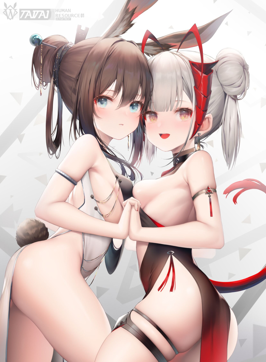 2girls :d amiya_(arknights) animal_ears antennae arknights armpit_crease bare_shoulders black_bra black_dress blue_eyes bra breast_press breasts brown_hair bunny_tail center_opening china_dress chinese_clothes commentary_request dress fake_tail hair_bun hair_ornament hair_rings hairpin highres holding_hands horns long_hair looking_at_viewer multiple_girls no_panties open_mouth orange_eyes pelvic_curtain rabbit_ears revealing_clothes sideboob silver_hair skindentation sleeveless sleeveless_dress small_breasts smile symmetrical_docking tail taitai thigh_strap thighs twintails underwear w_(arknights) white_dress younger